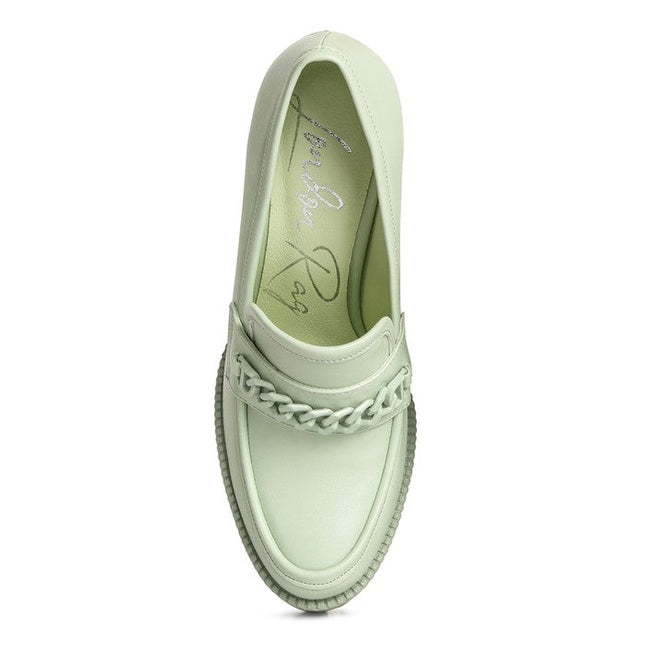 Rag Company womens colorful platform loafers in light green with chain detail and cushioned insole