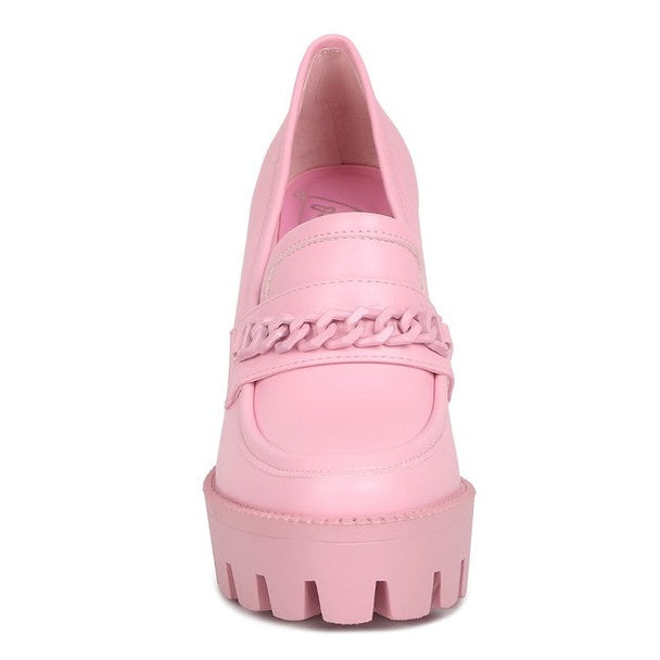 Rag Company womens colorful platform loafers in pink with chunky sole and chain detail