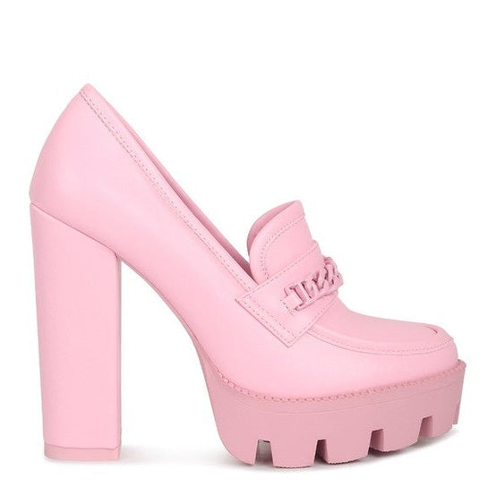 Rag Company womens colorful platform loafers in pink with high block heel and chunky sole