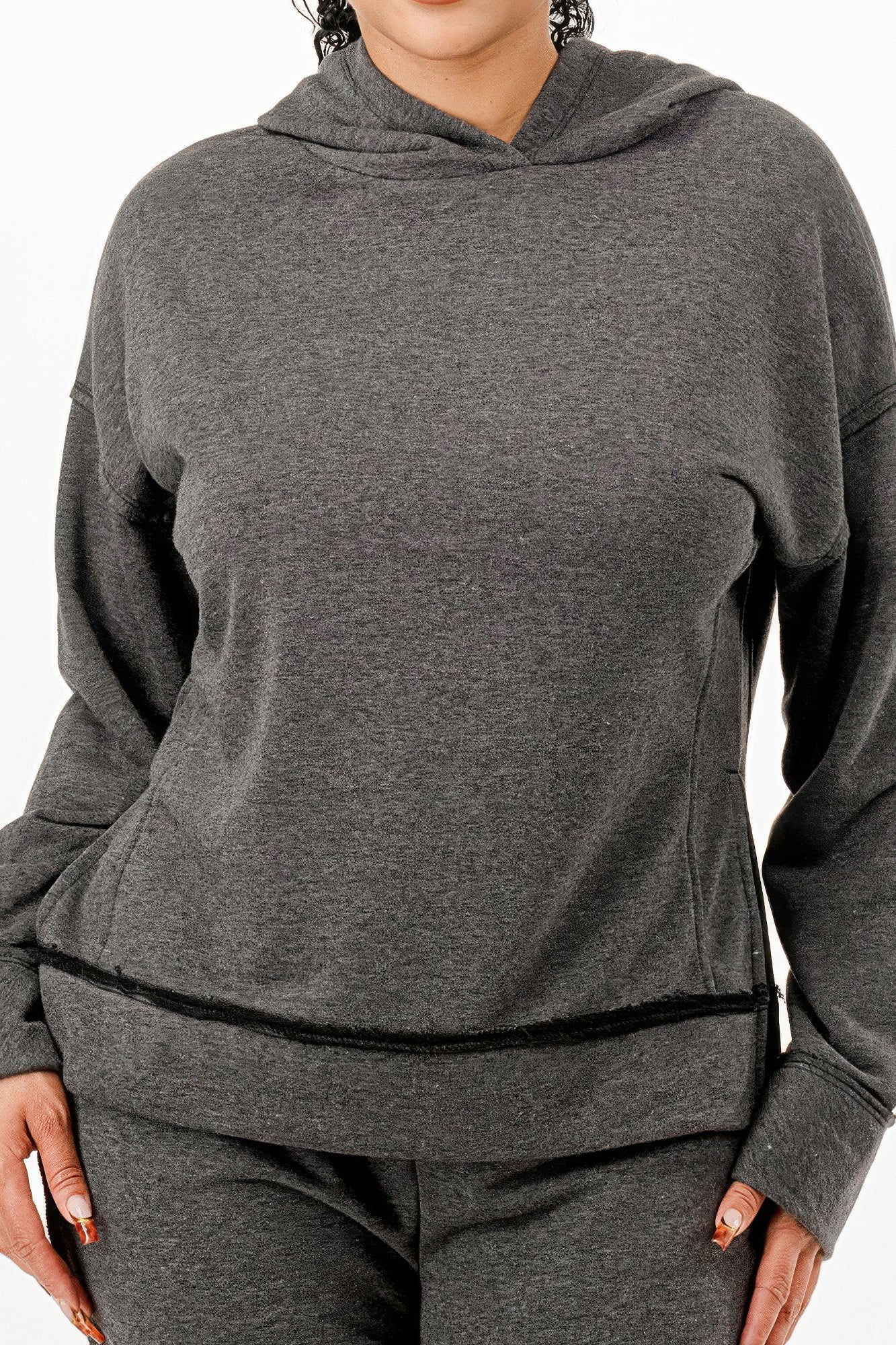 VacationGrabs womens comfy travel tracksuit in dark gray with hooded sweatshirt and matching pants