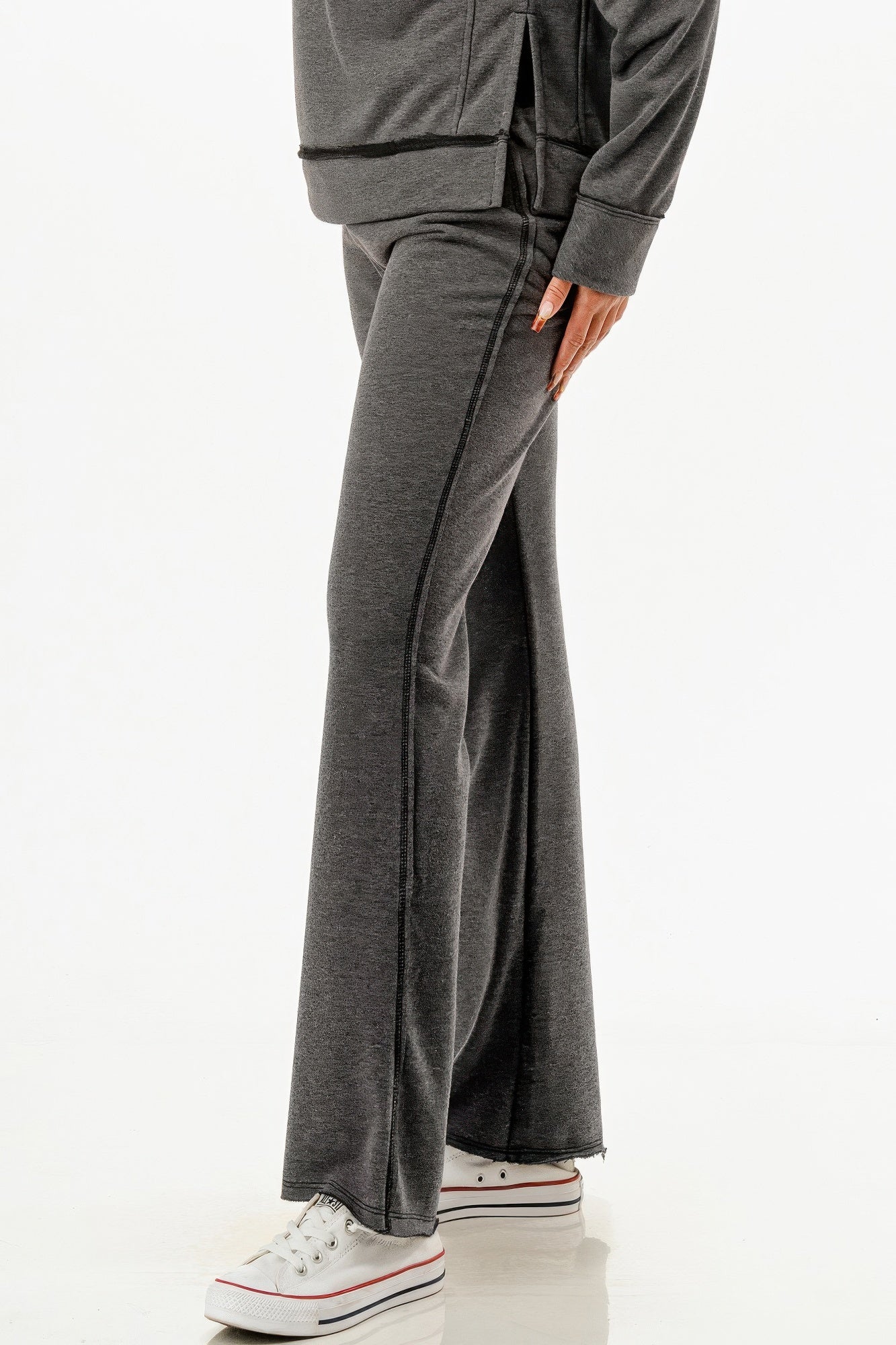 Women's comfy travel tracksuit gray pants with flare leg and side seam detail from VacationGrabs