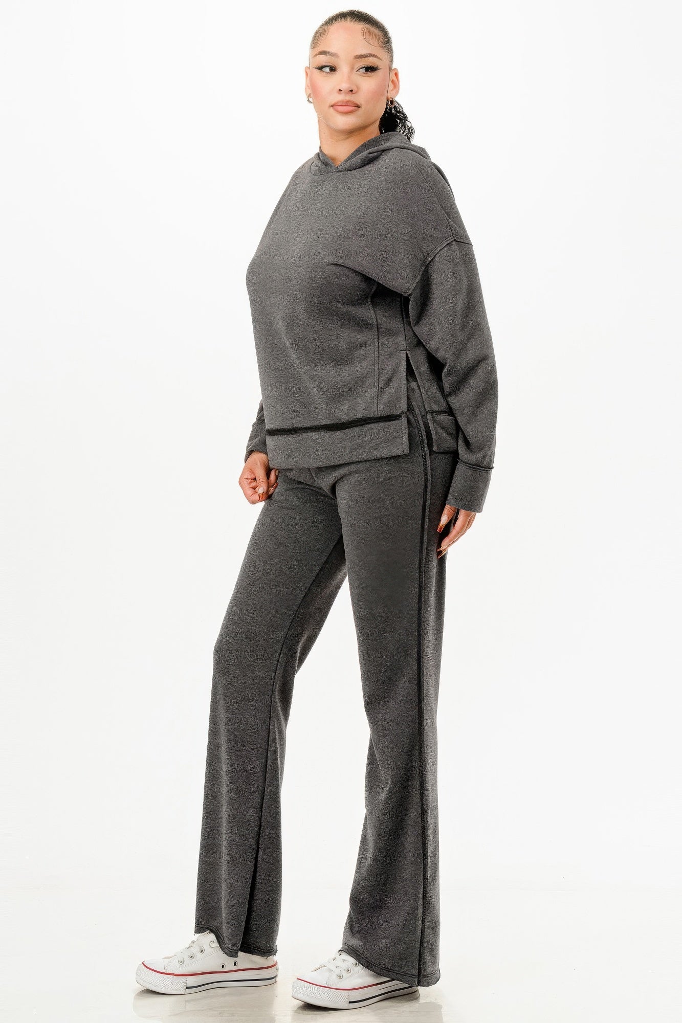 VacationGrabs womens comfy travel tracksuit in dark gray with hoodie and wide leg pants