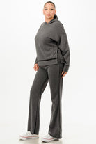 VacationGrabs womens comfy travel tracksuit in dark gray with hoodie and wide leg pants