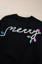 Black sweatshirt with merry embroidered text and colorful light bulb details womens cozy Christmas matching set