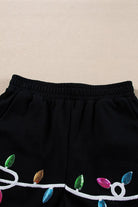 Black shorts with colorful holiday lights embroidery from womens cozy Christmas matching set
