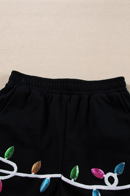 Black shorts with colorful holiday lights embroidery from womens cozy Christmas matching set