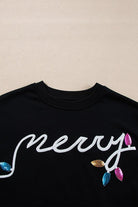 Black sweatshirt with merry text and colorful lights embroidery womens cozy Christmas matching set
