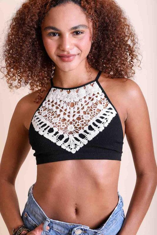 Women's Shirts - Cropped Tops Womens Crochet Lace High Neck Bralette Top