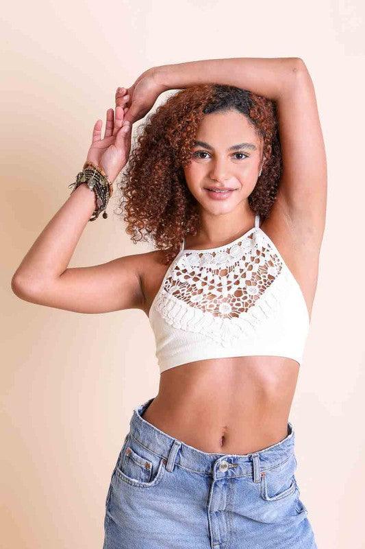 Women's Shirts - Cropped Tops Womens Crochet Lace High Neck Bralette Top