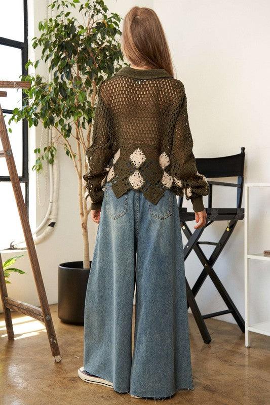 Women's Sweaters Womens Crochet V Neck Long Sleeve Knit Sweater Top