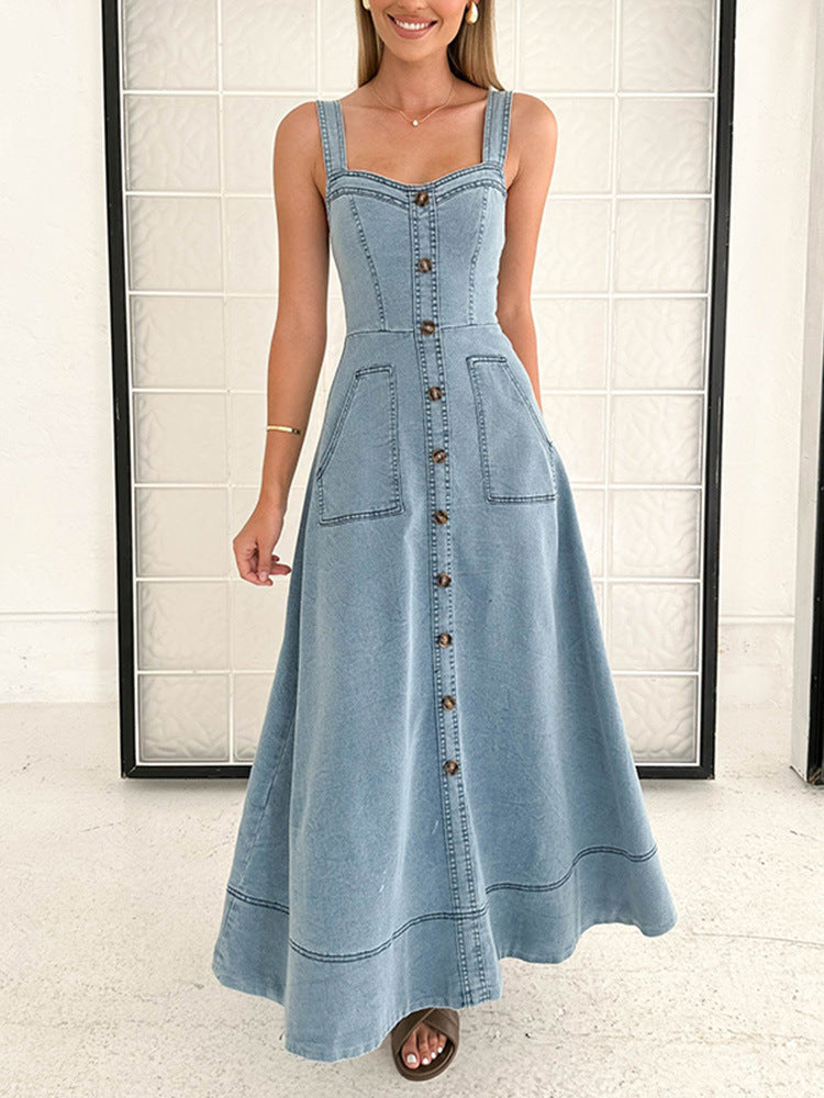 Light blue women's denim backless dress with button-down front and spacious pockets
