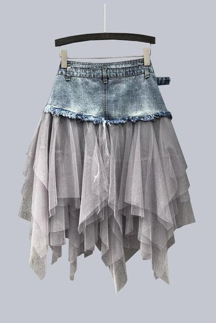 Women's Skirts Womens Denim Patchwork Lace Skirt High Waist Asymmetric Tulle Chic