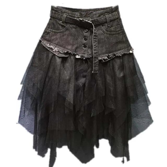 Women's Skirts Womens Denim Patchwork Lace Skirt High Waist Asymmetric Tulle Chic
