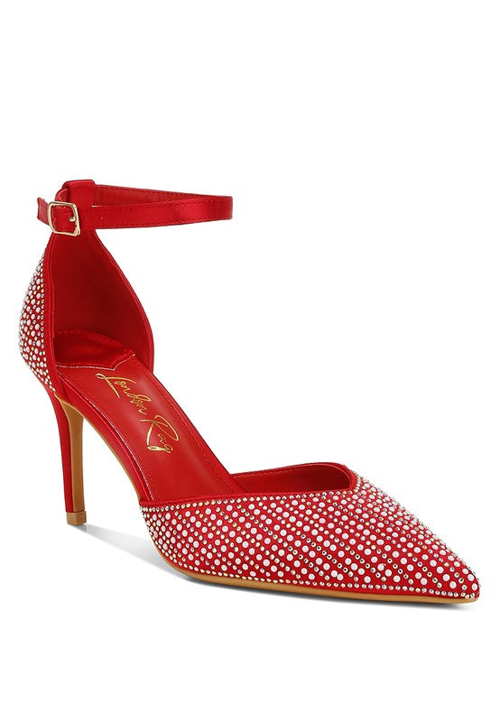 Red women's embellished sandals, stylish heels for special occasions