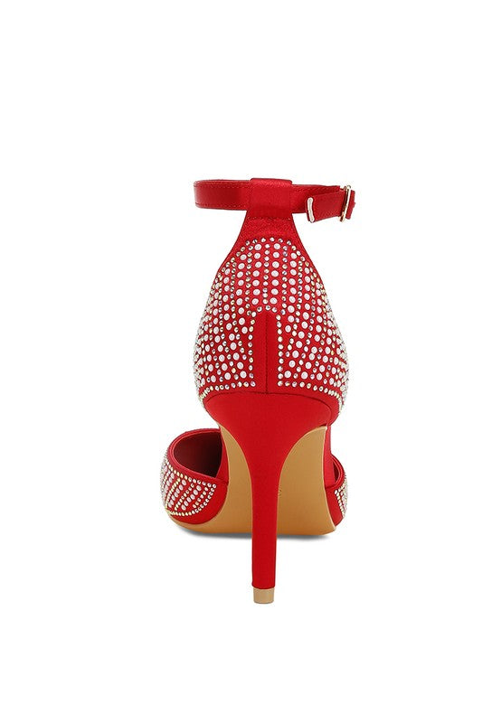 Red women's embellished sandals with ankle strap for elegant occasions