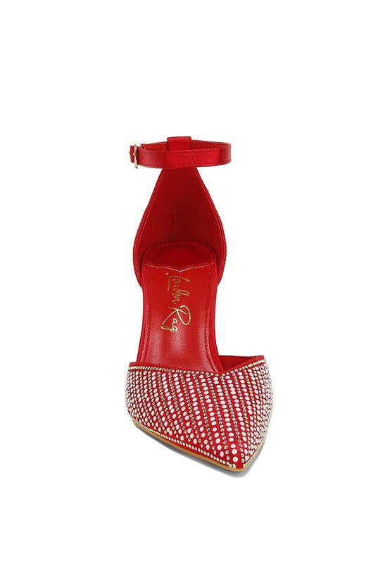 Women's embellished sandals in red with sparkling details for special occasions