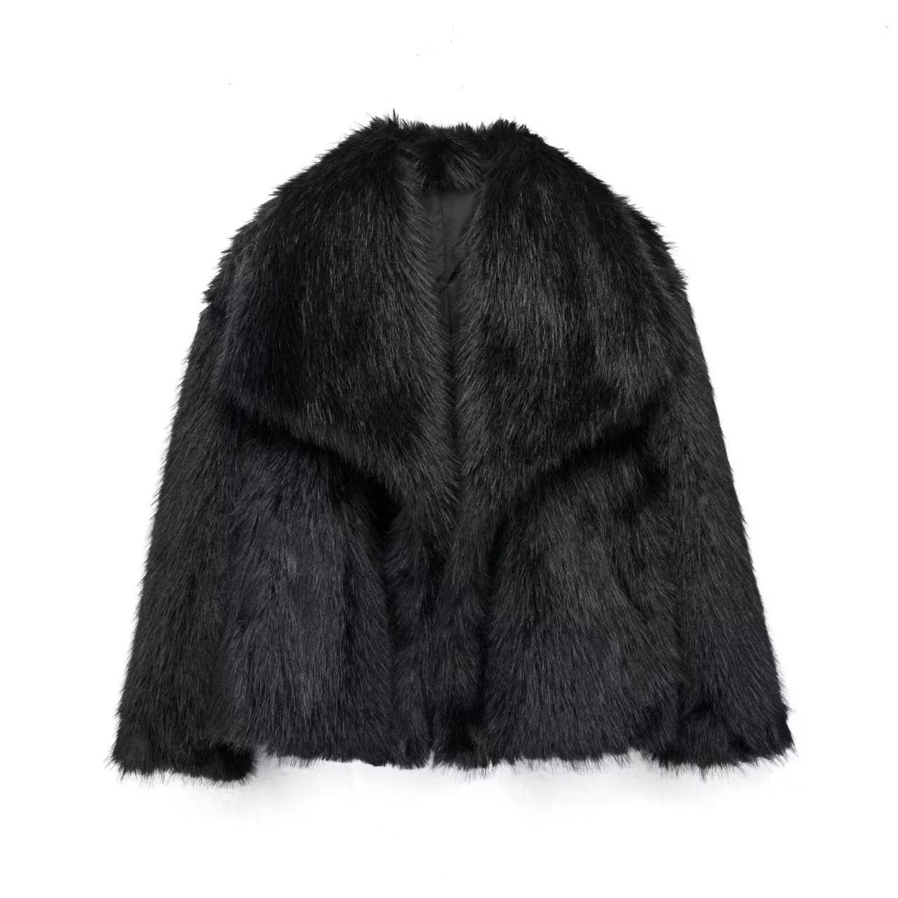 Stylish women's faux fur coat in black with a luxurious, soft texture for elegant outfits