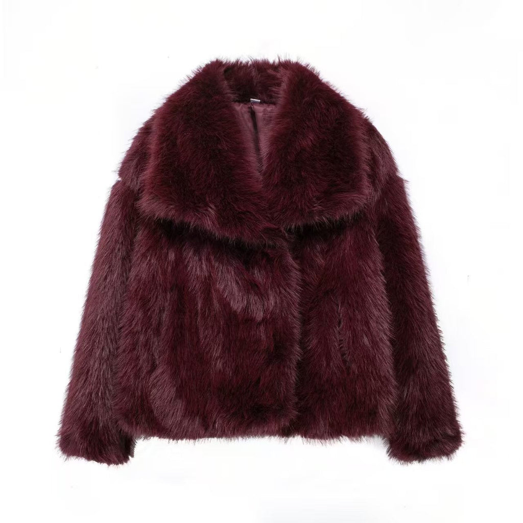Burgundy women's faux fur coat featuring a stylish design and plush texture for winter fashion