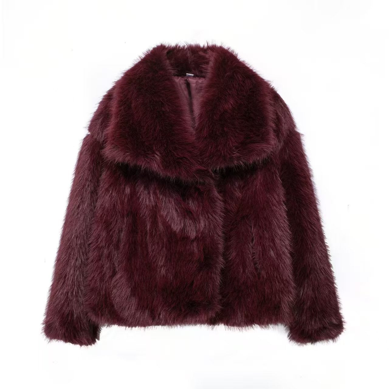 Burgundy women's faux fur coat featuring a stylish design and plush texture for winter fashion