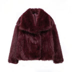 Burgundy women's faux fur coat featuring a stylish design and plush texture for winter fashion