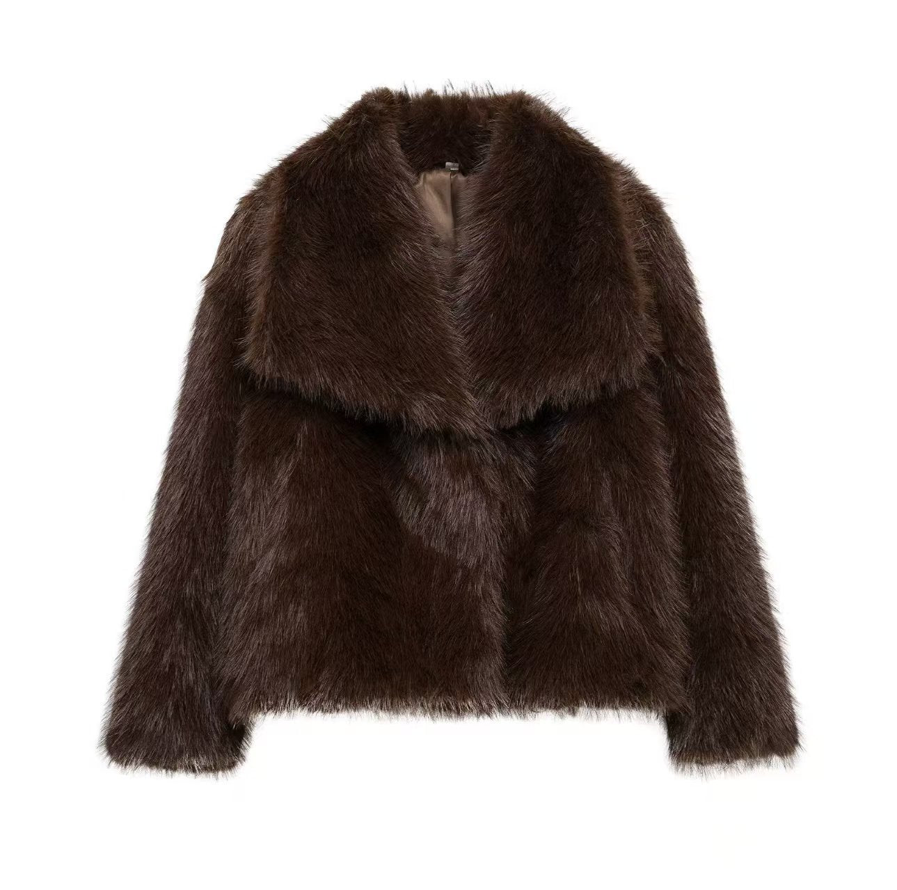 Women's faux fur coat in luxurious brown with a stylish, plush design for cold weather