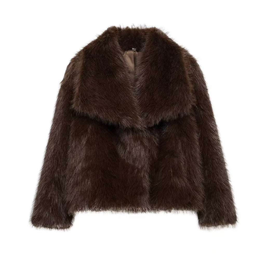 Cozy women's faux fur coat in dark brown, perfect for stylish winter outfits