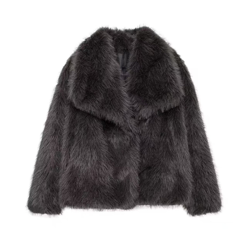 Stylish women's faux fur coat in dark gray with a plush collar for luxurious warmth