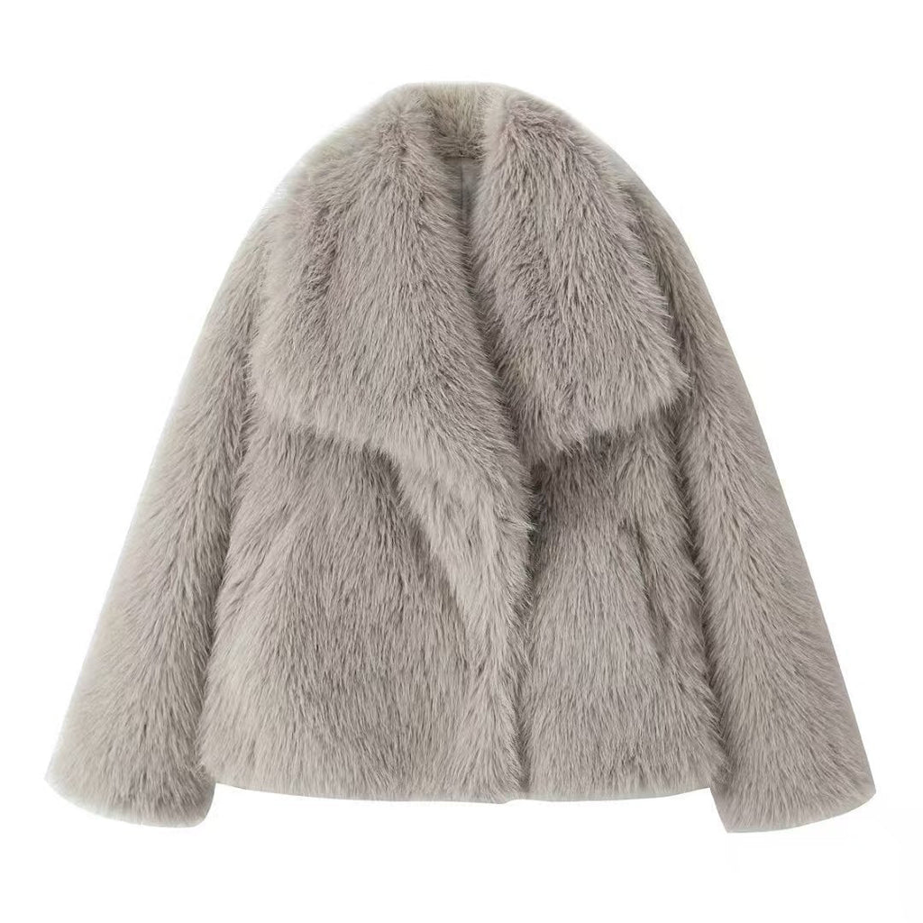 Light gray women's faux fur coat with a stylish collar and soft texture for winter warmth
