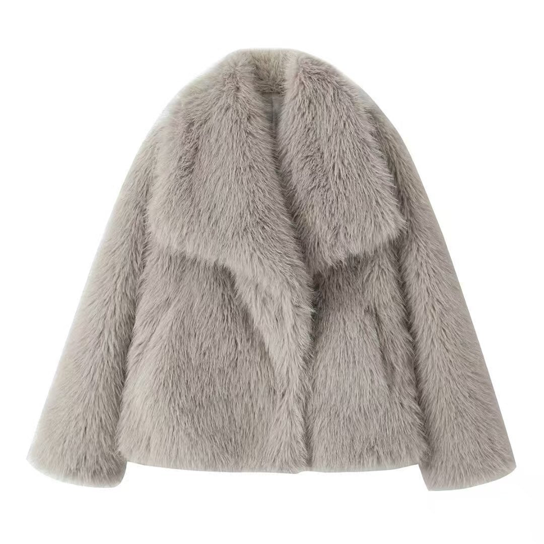 Light gray women's faux fur coat with a stylish collar and soft texture for winter warmth