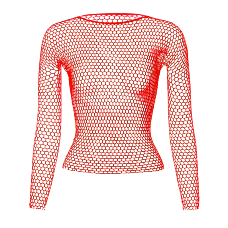 Red womens fishnet top with long sleeves, perfect for a trendy summer outfit
