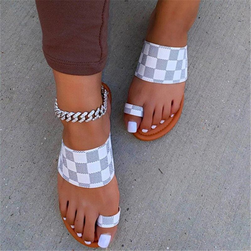 Women's Shoes - Sandals Womens Flat Checkered Sandals Toe Ring Band Shoes