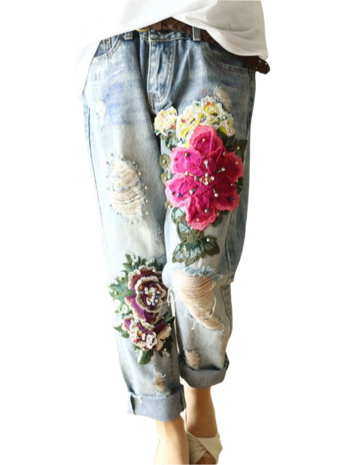 Womens floral embroidery jeans with colorful large floral designs and distressed detailing