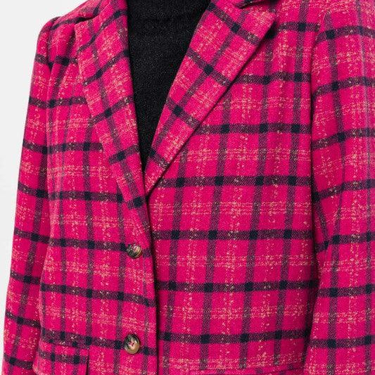 Women's Coats & Jackets Womens Fuchsia Plaid Single Button Blazer Jacket