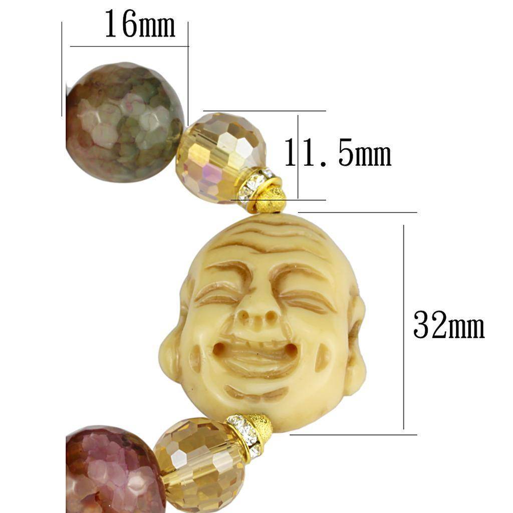 Women's gemstone bead bracelet featuring a carved Buddha, colorful beads, and gold accents