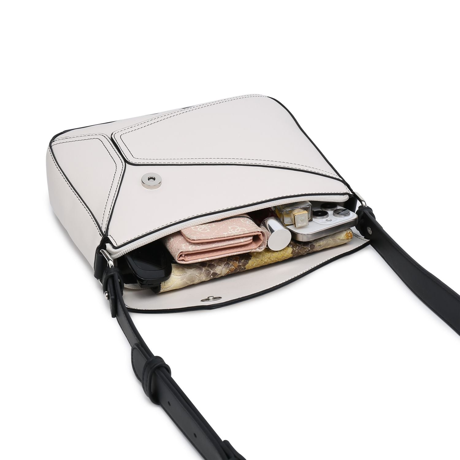Women's geometrical patchwork crossbody bag with stylish design and spacious interior for daily essentials