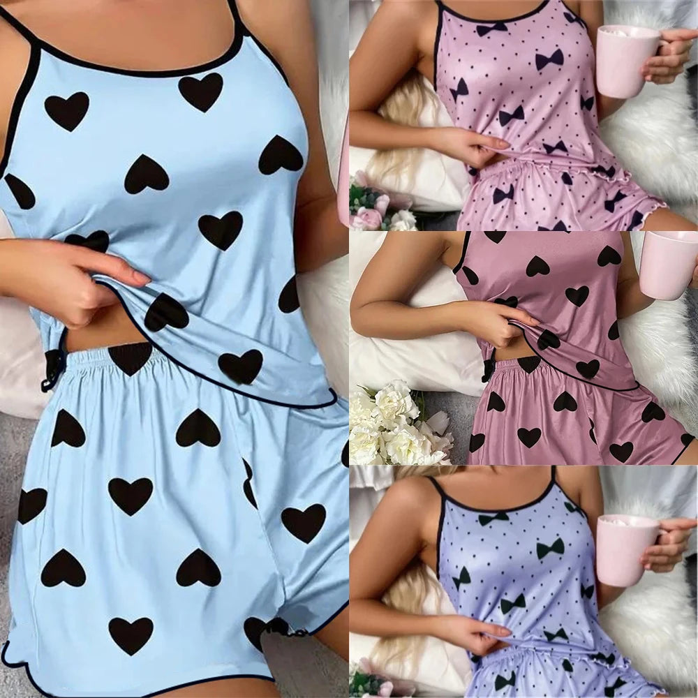 Women's heart print pajama set in blue and pink, soft cotton for cozy nights