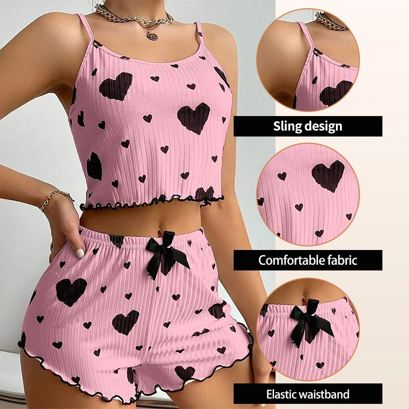 Women's heart print pajama set in pink, comfortable fabric for lounging
