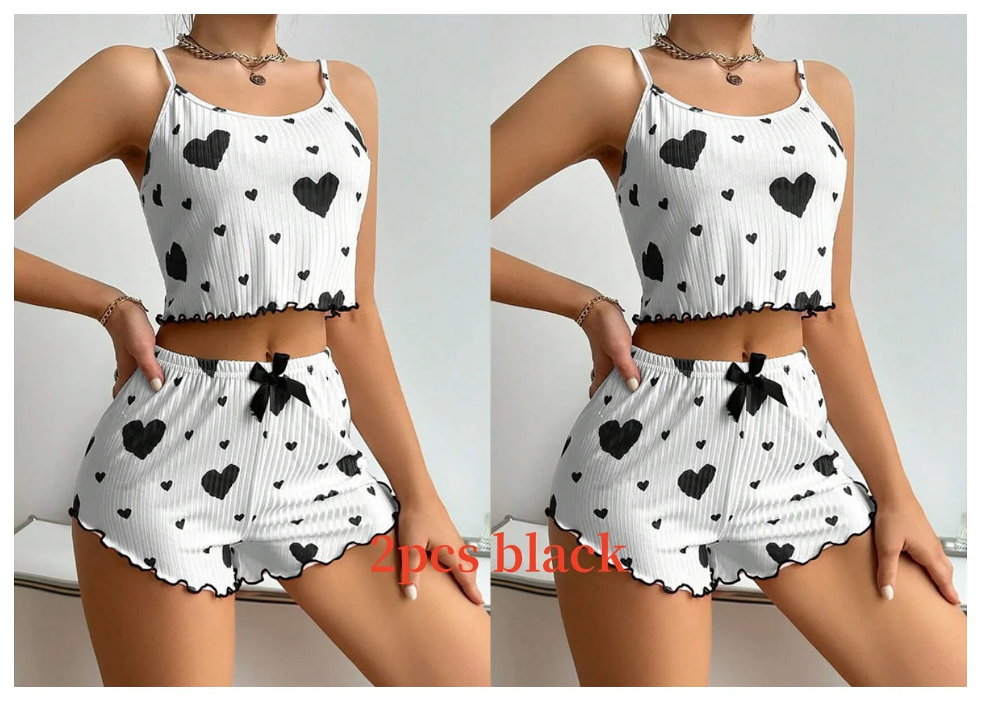 women's heart print pajama set in black and white for lounging