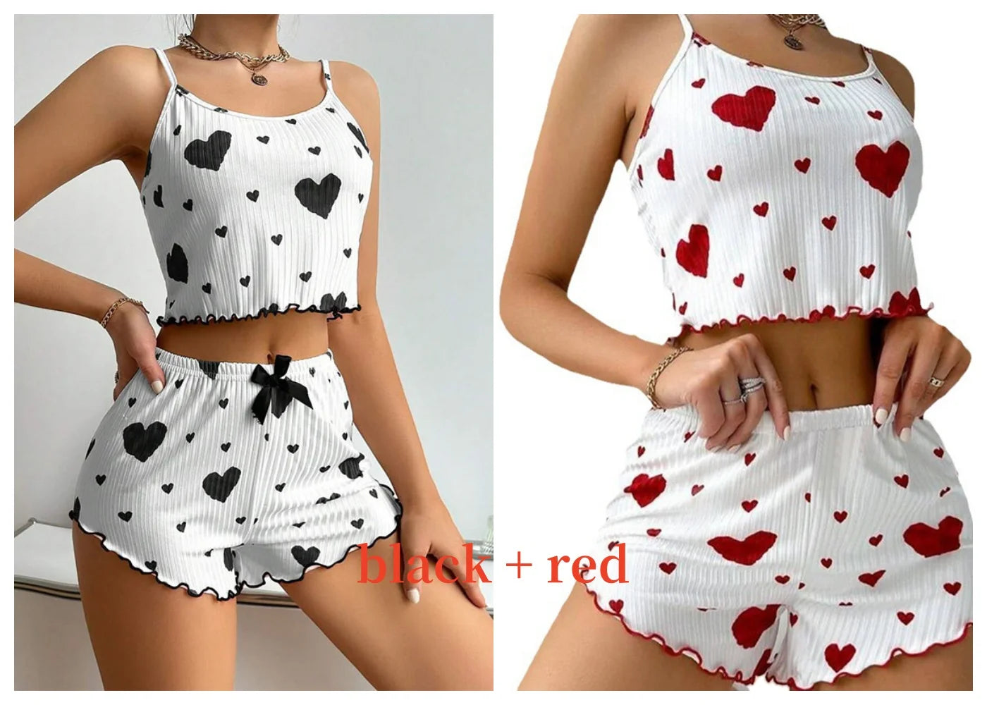Women's heart print pajama set in black and red, comfortable sleepwear