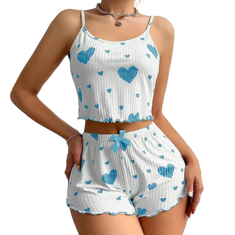 women's heart print pajama set in white and blue, perfect for cozy sleepwear