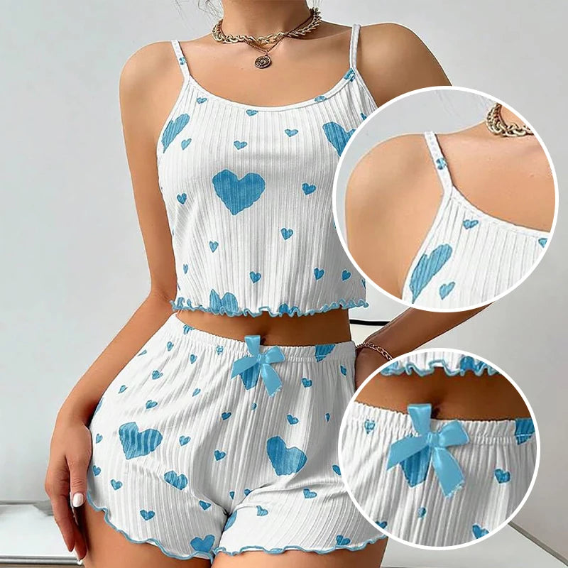 Women's heart print pajama set in white and blue, soft cotton for lounging
