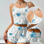 Women's heart print pajama set in white and blue, soft cotton for lounging