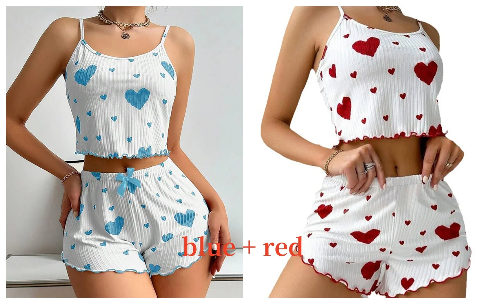 women's heart print pajama set in blue and red, perfect for lounging