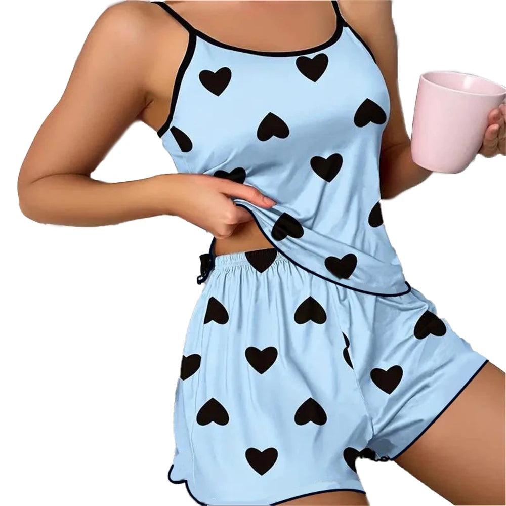 women's heart print pajama set in light blue, perfect for cozy nights