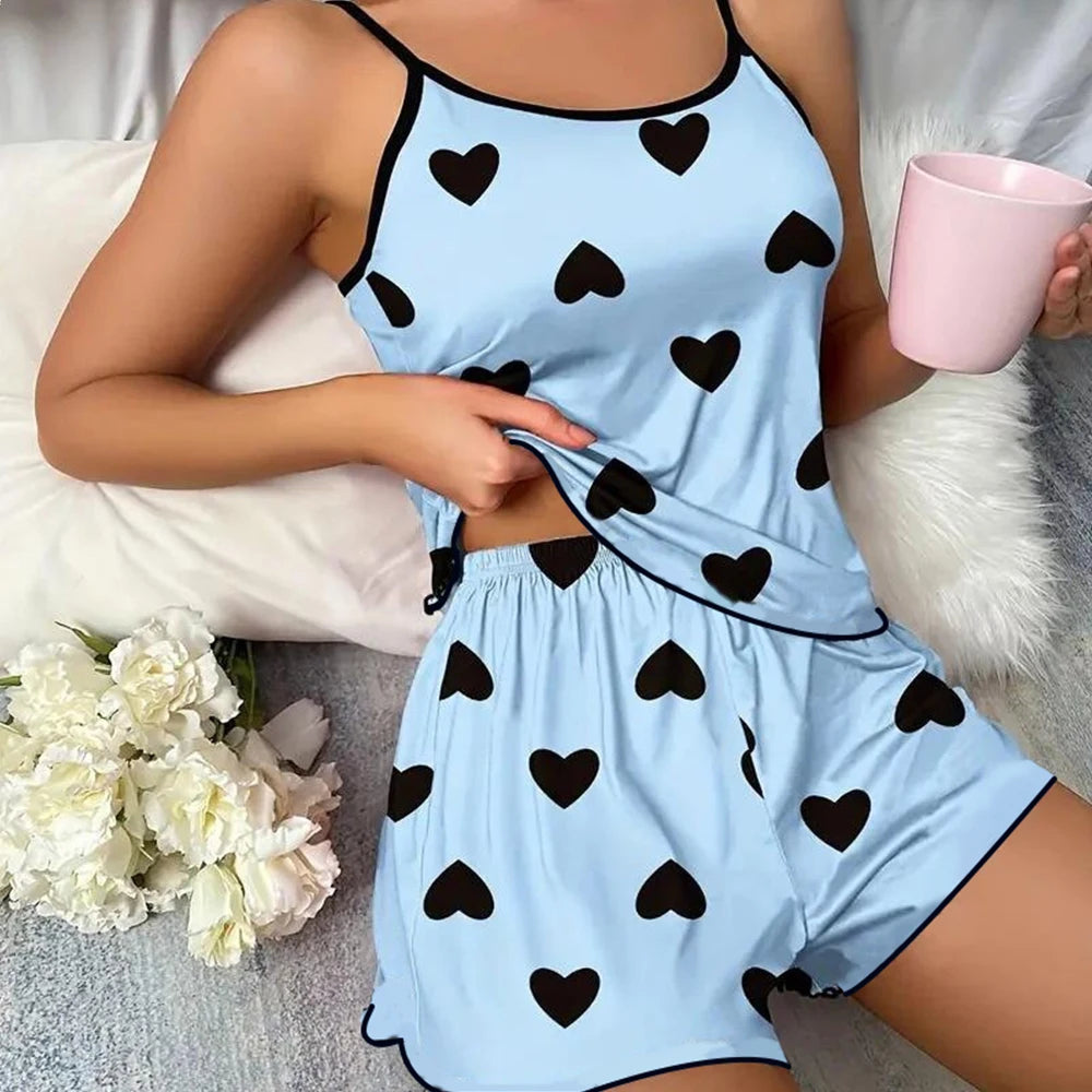 Women's heart print pajama set, blue, soft cotton, perfect for lounging