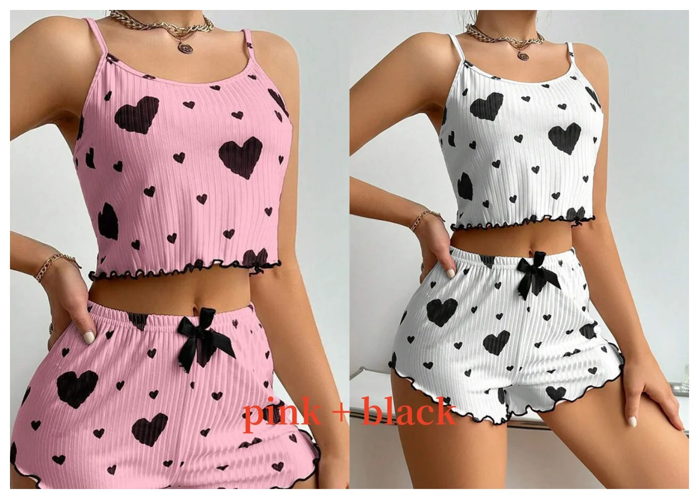 Women's heart print pajama set in pink and black, soft ribbed fabric