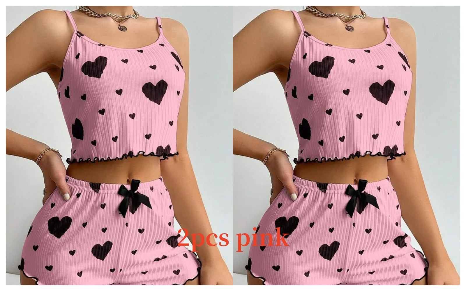 women's heart print pajama set in pink, soft material for comfortable sleep