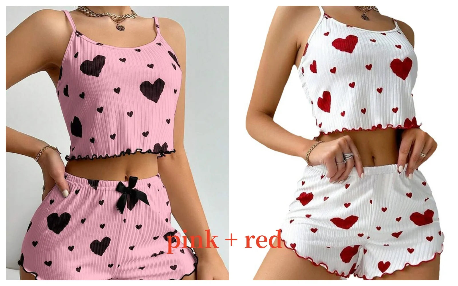 women's heart print pajama set in pink and white, perfect for lounging