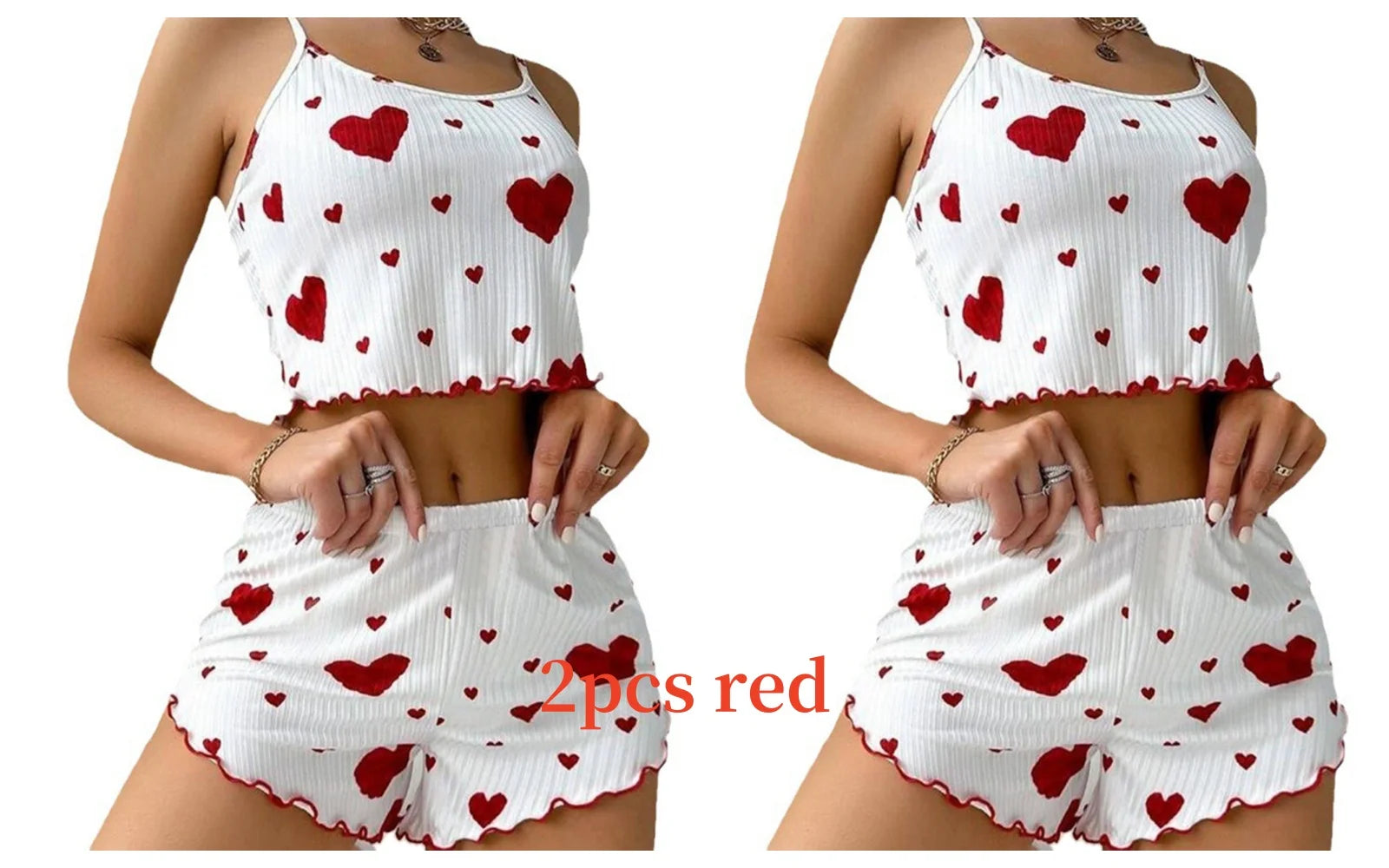Women's heart print pajama set in white and red for cozy nights