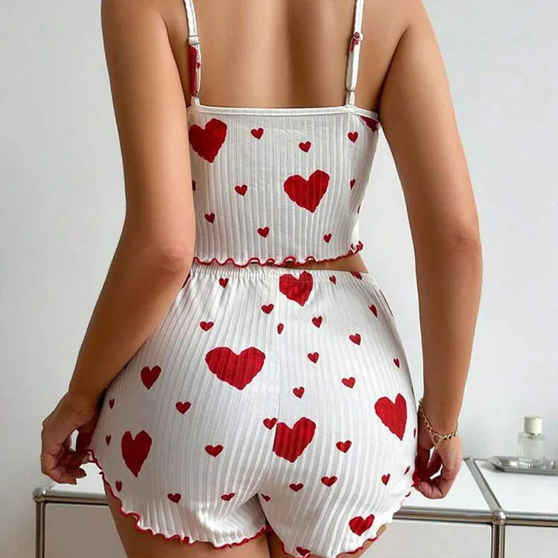 Women's heart print pajama set in white cotton for cozy nights